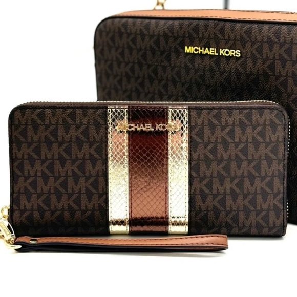 Michael Kors Large EW Zip Chain Xbody Crossbody Bag & Continental Wallet Brown - Picture 11 of 13